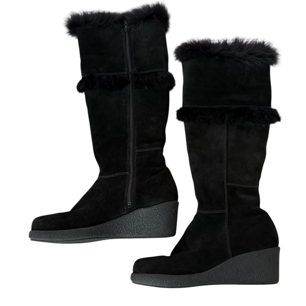 Maxine Of Canada Black Suede/Fur Insulated Boot Wedge Heel Sz 8.5 (US) 39 (EU)